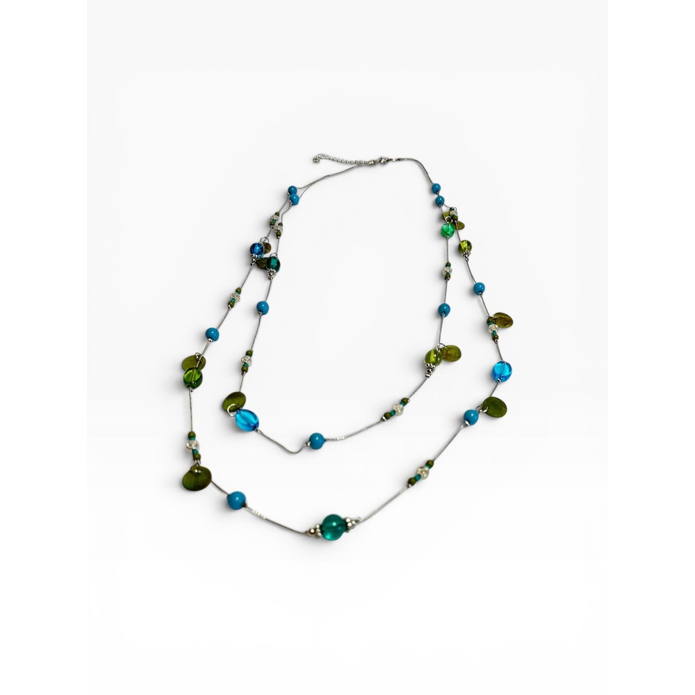 Double Strand Station Necklace Teal Green Silver Tone Layered Beaded‎